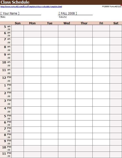 class schedule calendar template