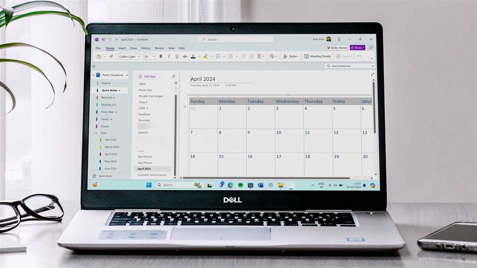 calendar onenote template