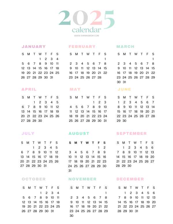 2025 year at a glance calendar template