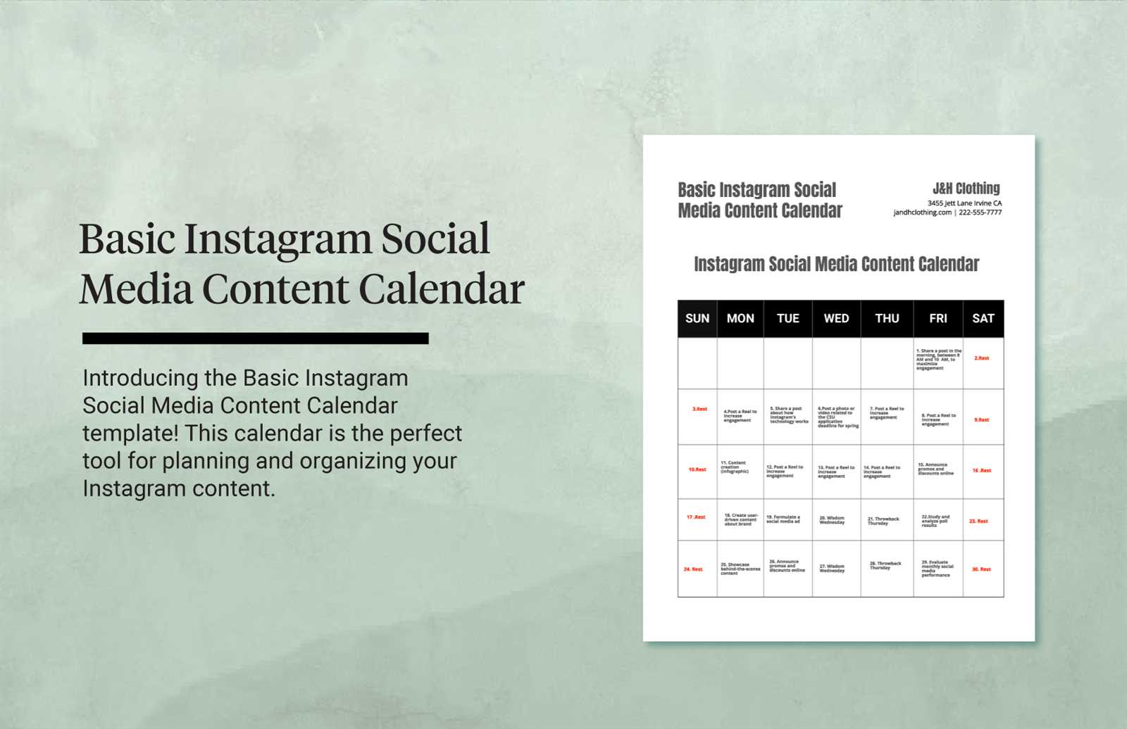 content calendar instagram template