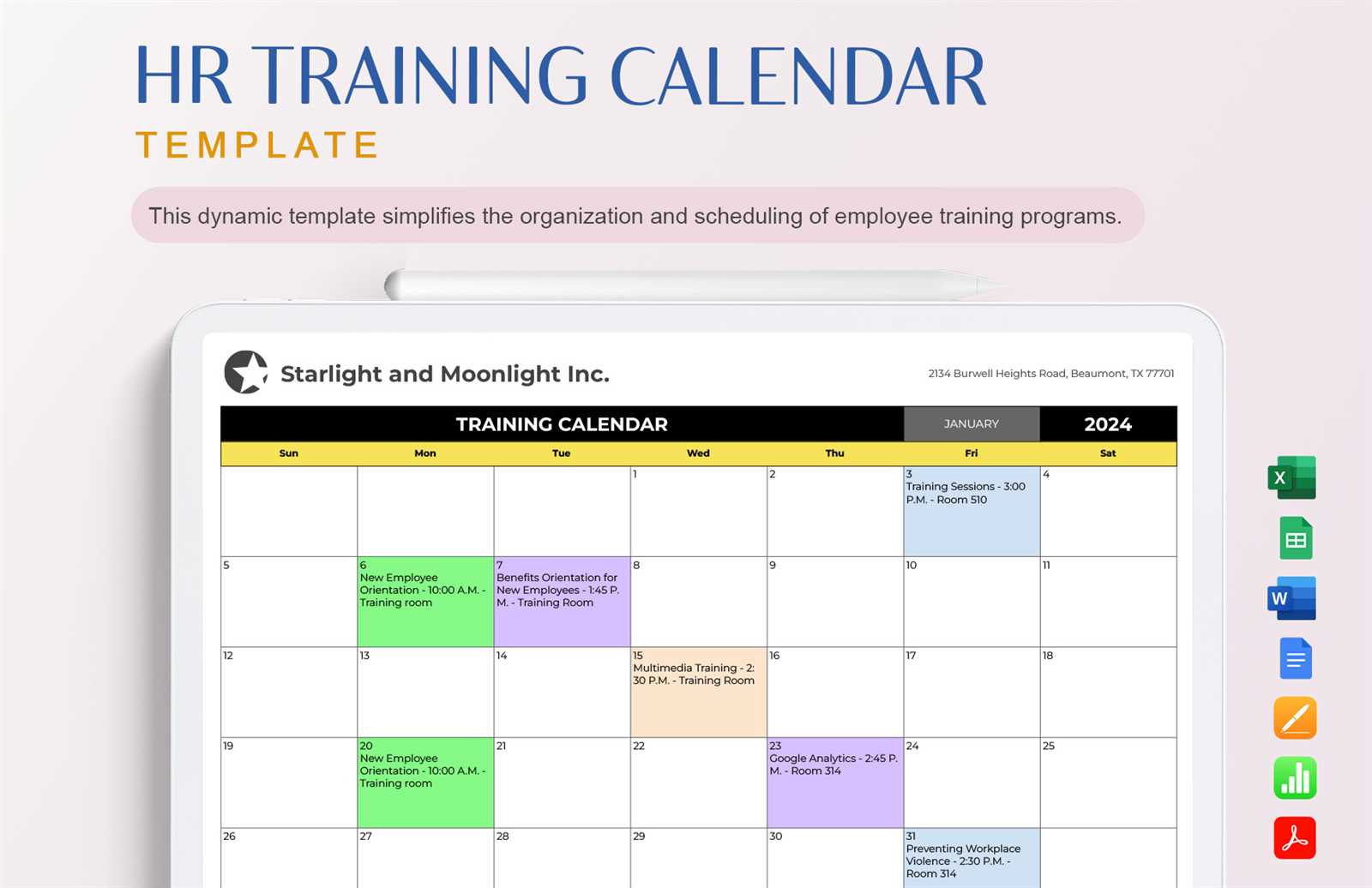 corporate training calendar template