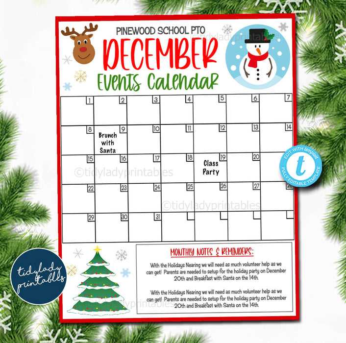 december calendar template editable