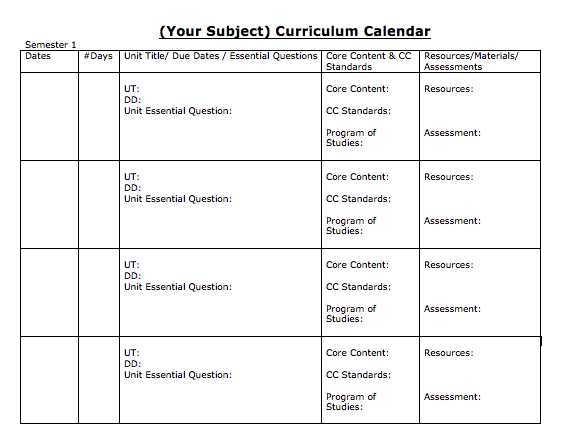 curriculum calendar template