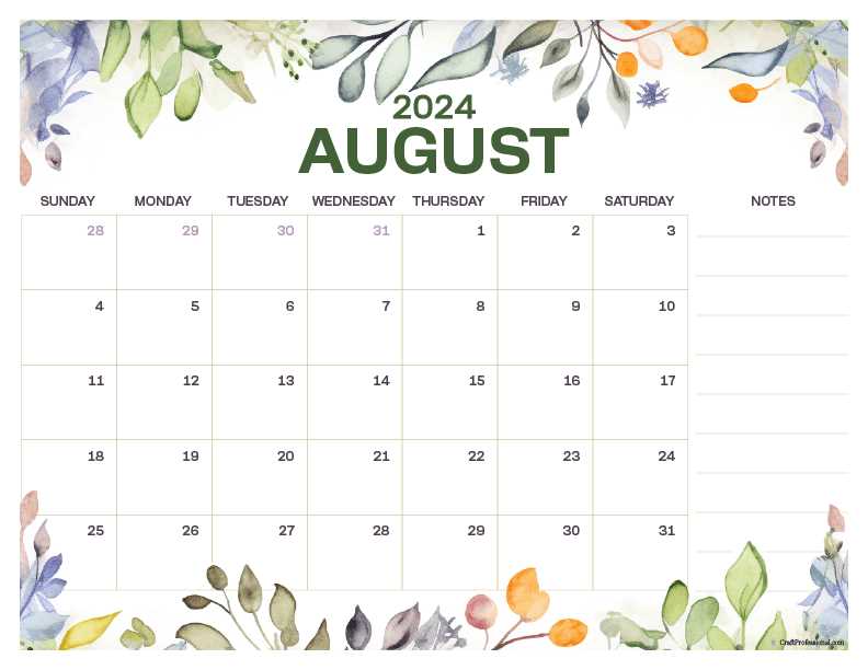 cute august calendar template