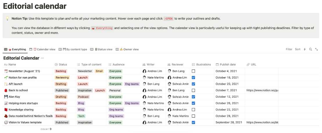 content calendar notion template