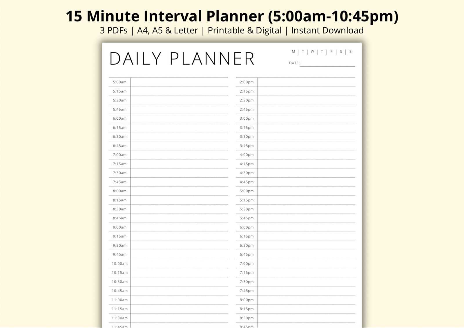 daily calendar 15 minute increments template