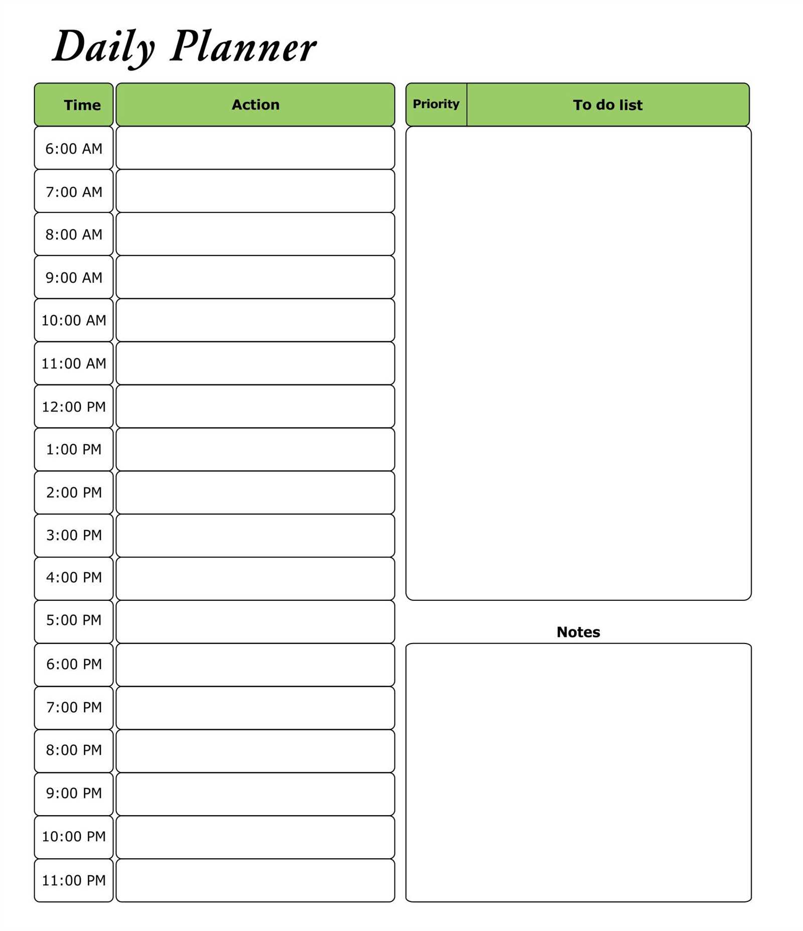 daily calendar by hour template