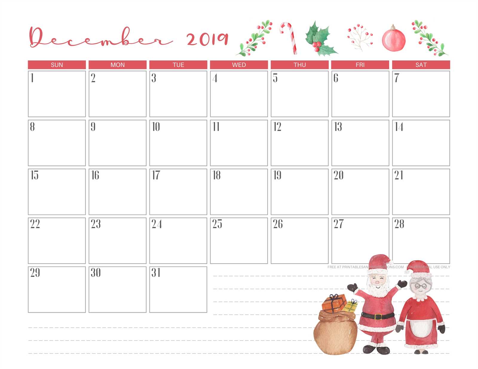 december monthly calendar template