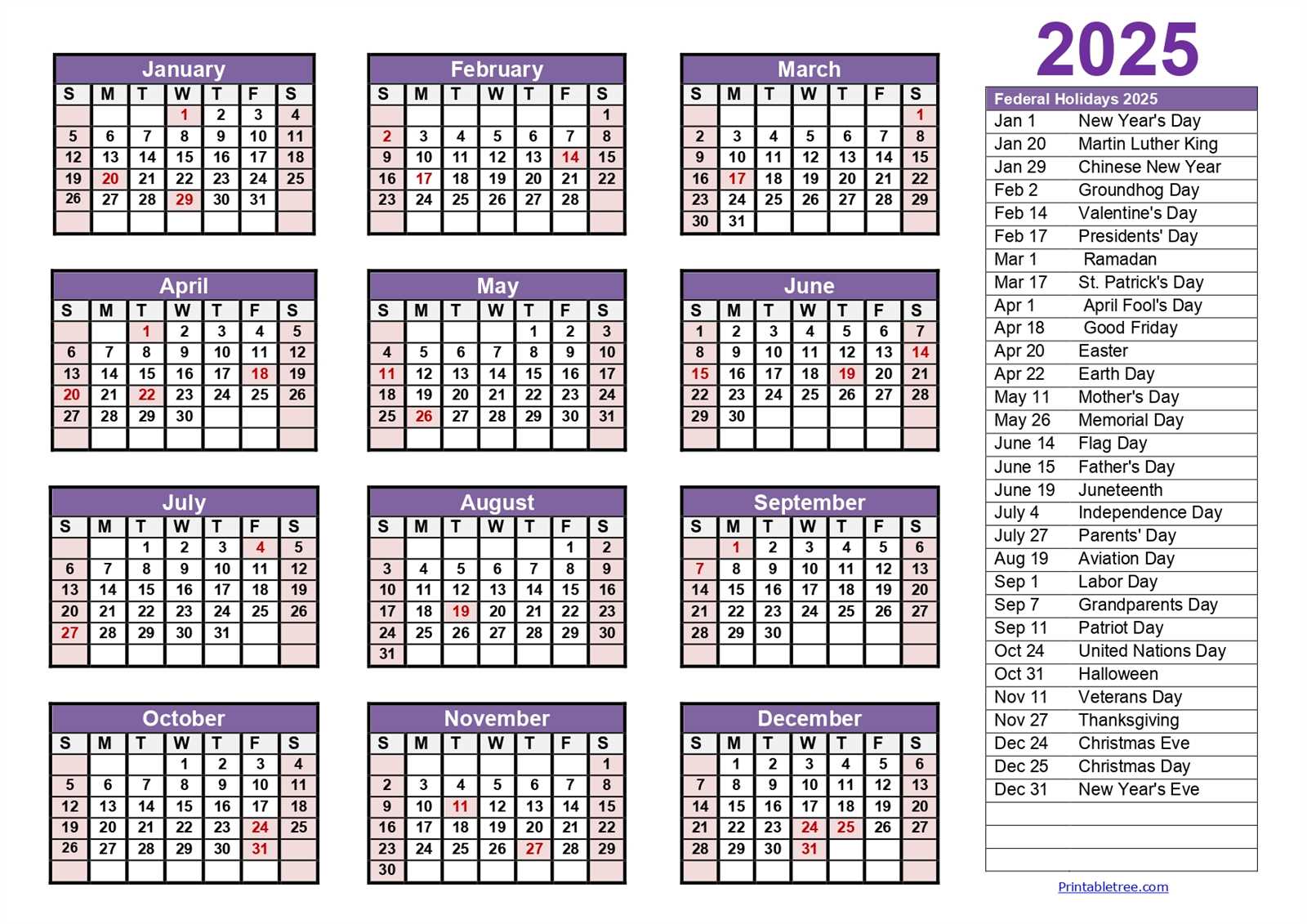 2025 year at a glance calendar template