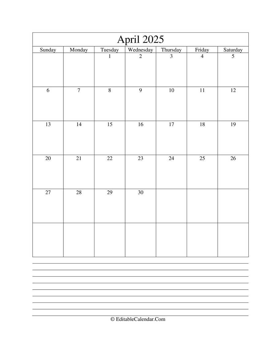 april 2025 calendar template editable