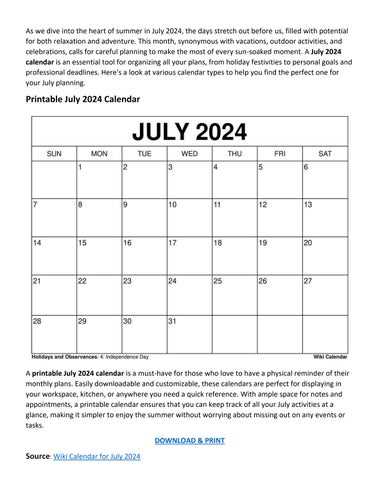 july month calendar template