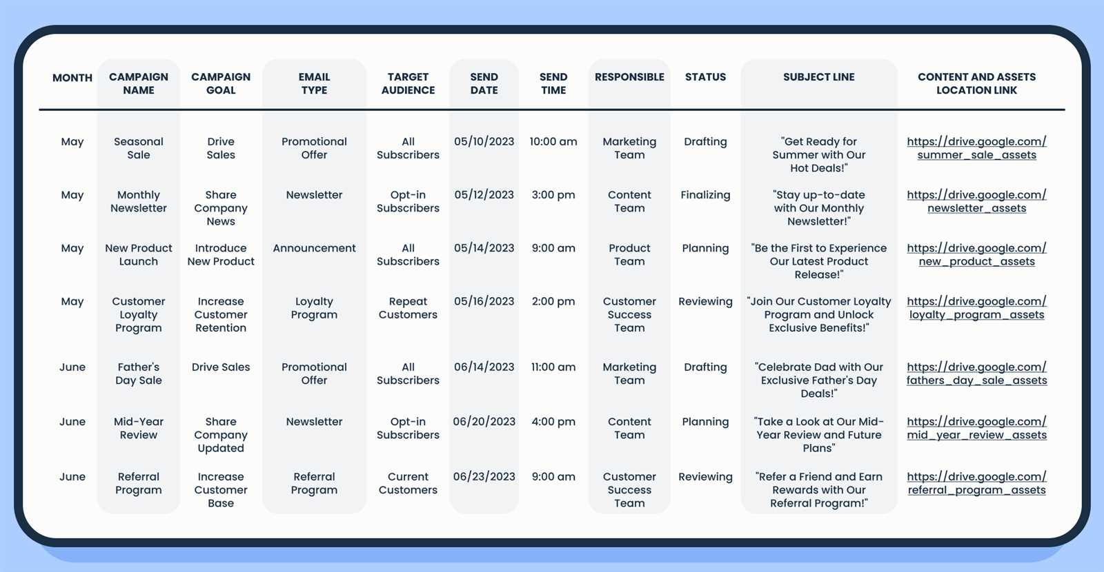 email content calendar template