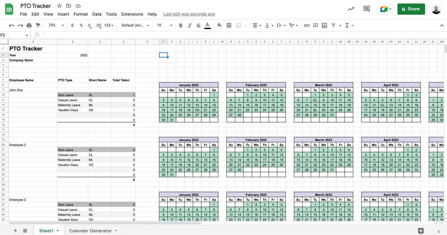 employee vacation tracking calendar template