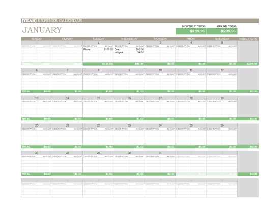 expense calendar template