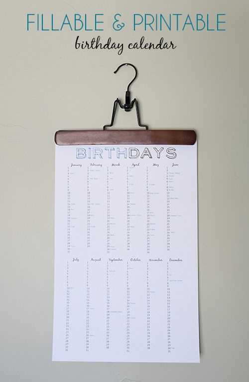 fillable birthday calendar template