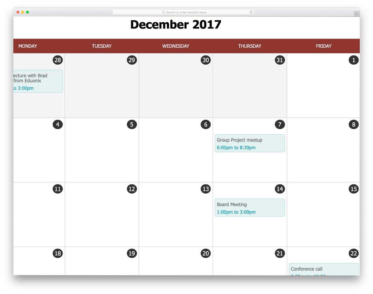 free html calendar template