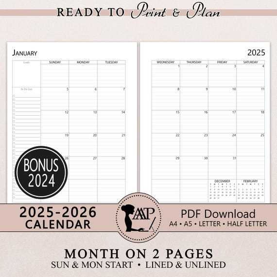 free 2 page monthly calendar template