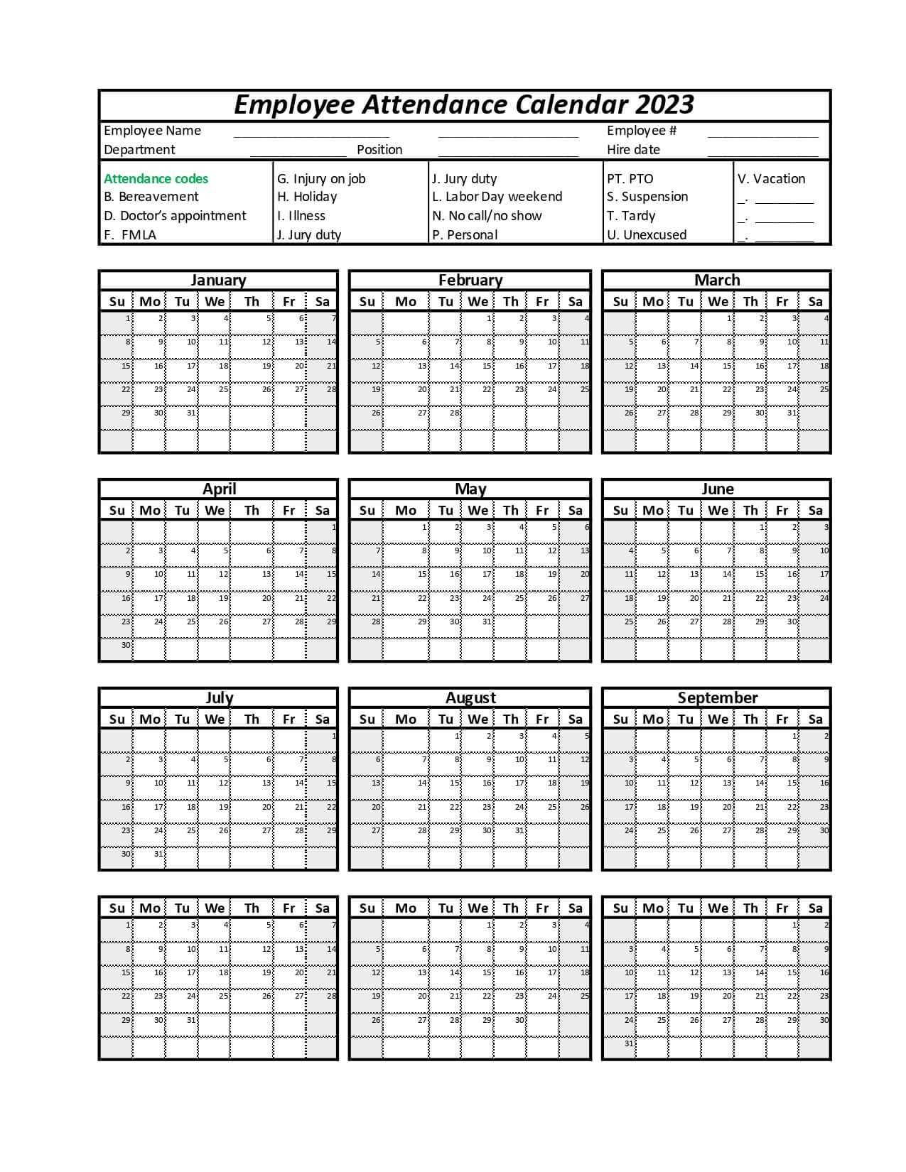 free attendance calendar template