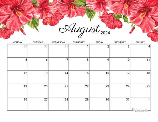 free august calendar template