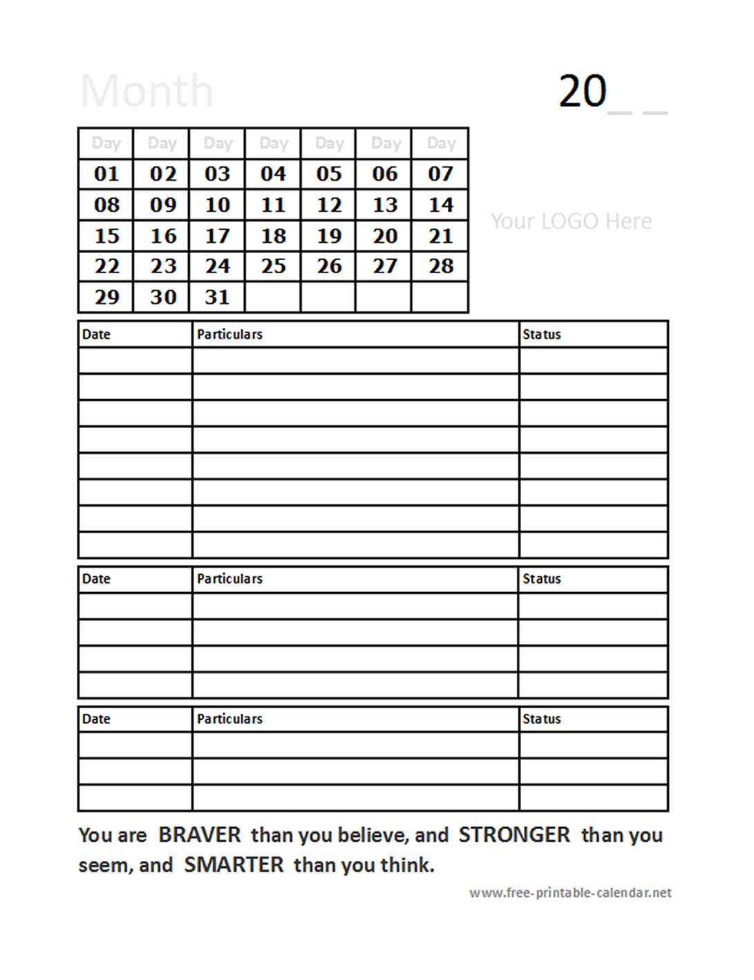 free blank 31 day calendar template