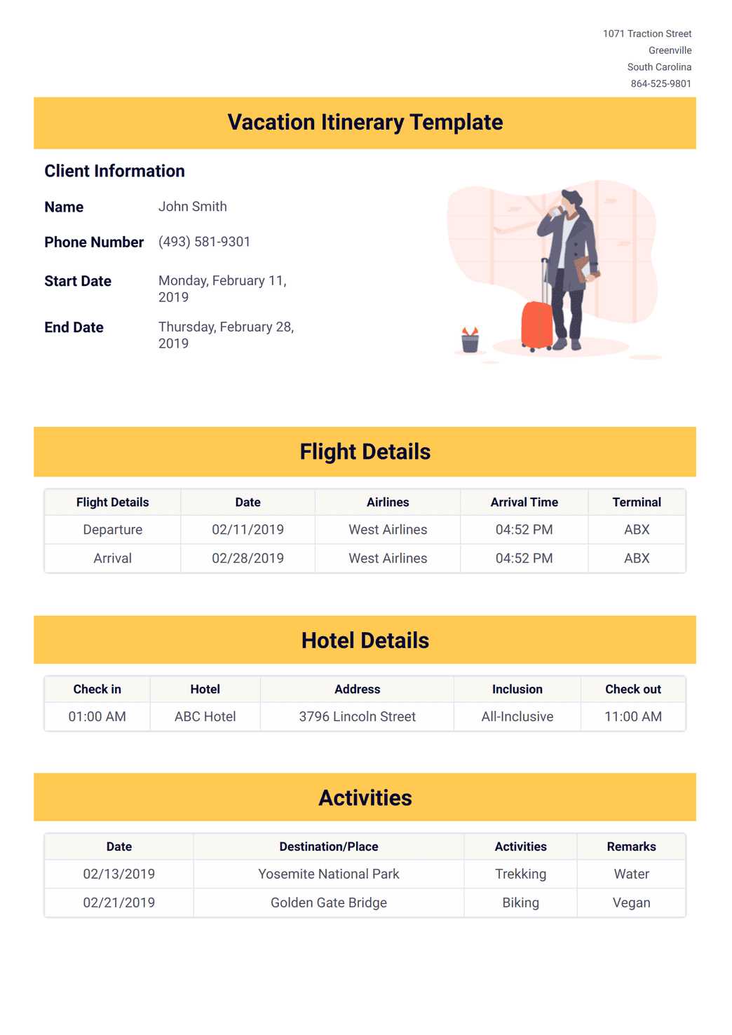 calendar itinerary template