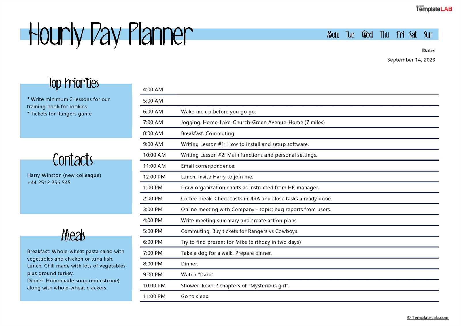 calendar with hours template