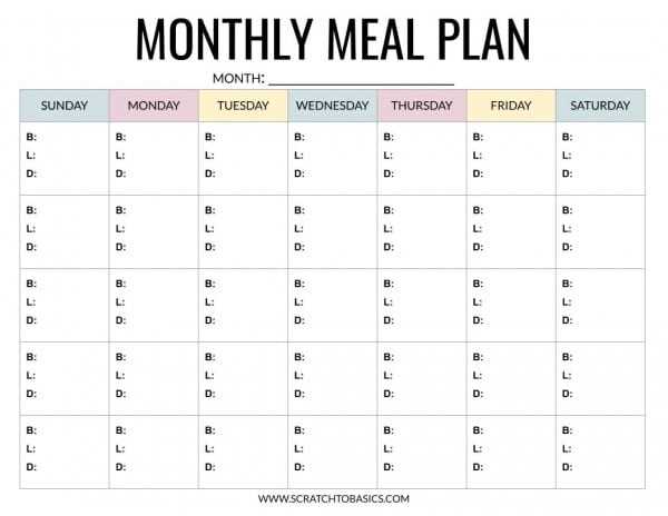 free diet calendar template