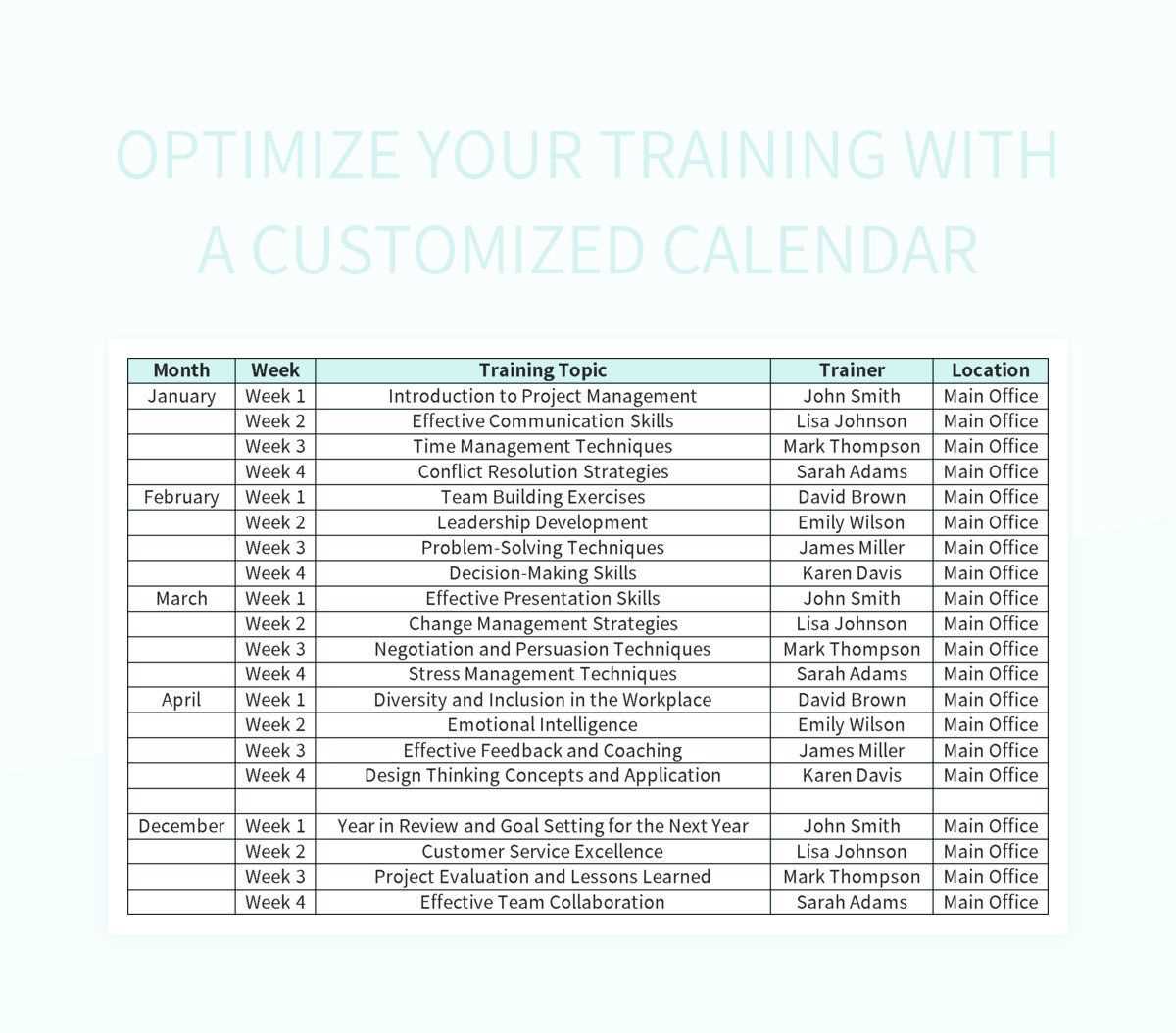 free download training calendar template