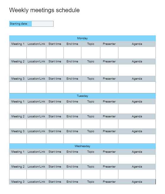 weekly meeting calendar template