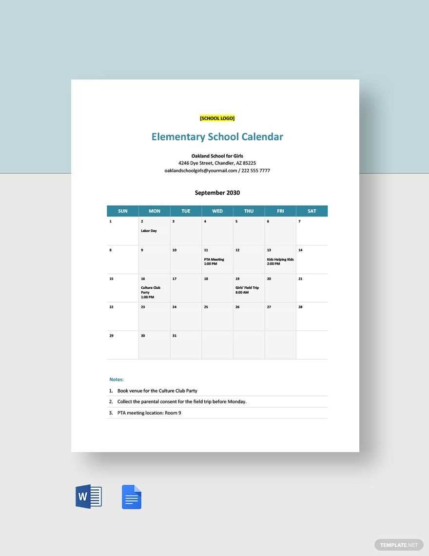 elementary calendar template