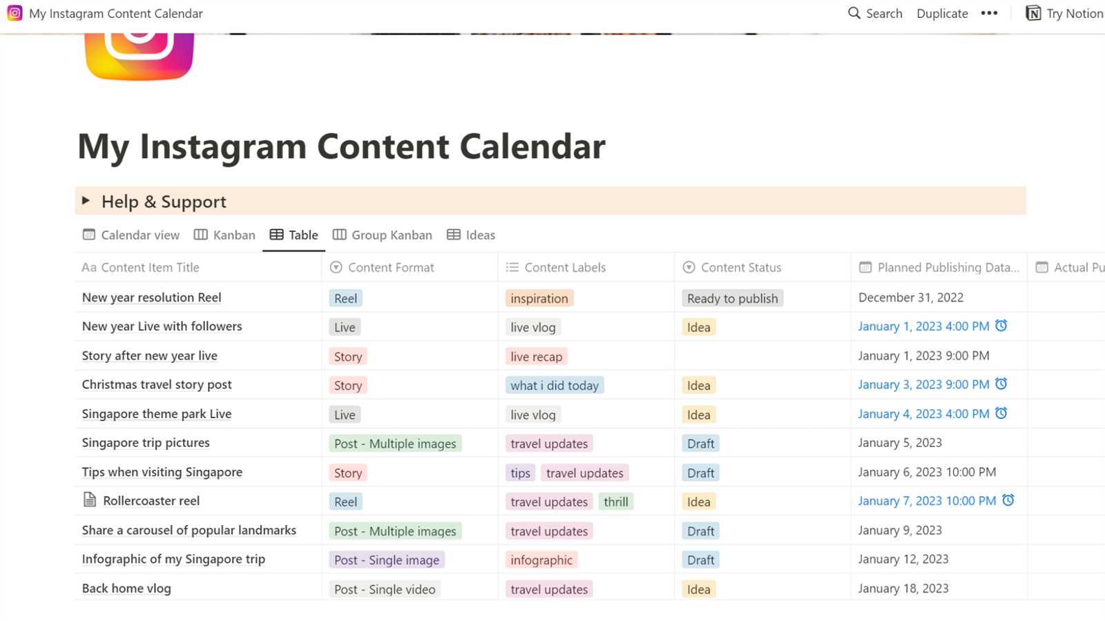 free instagram content calendar template