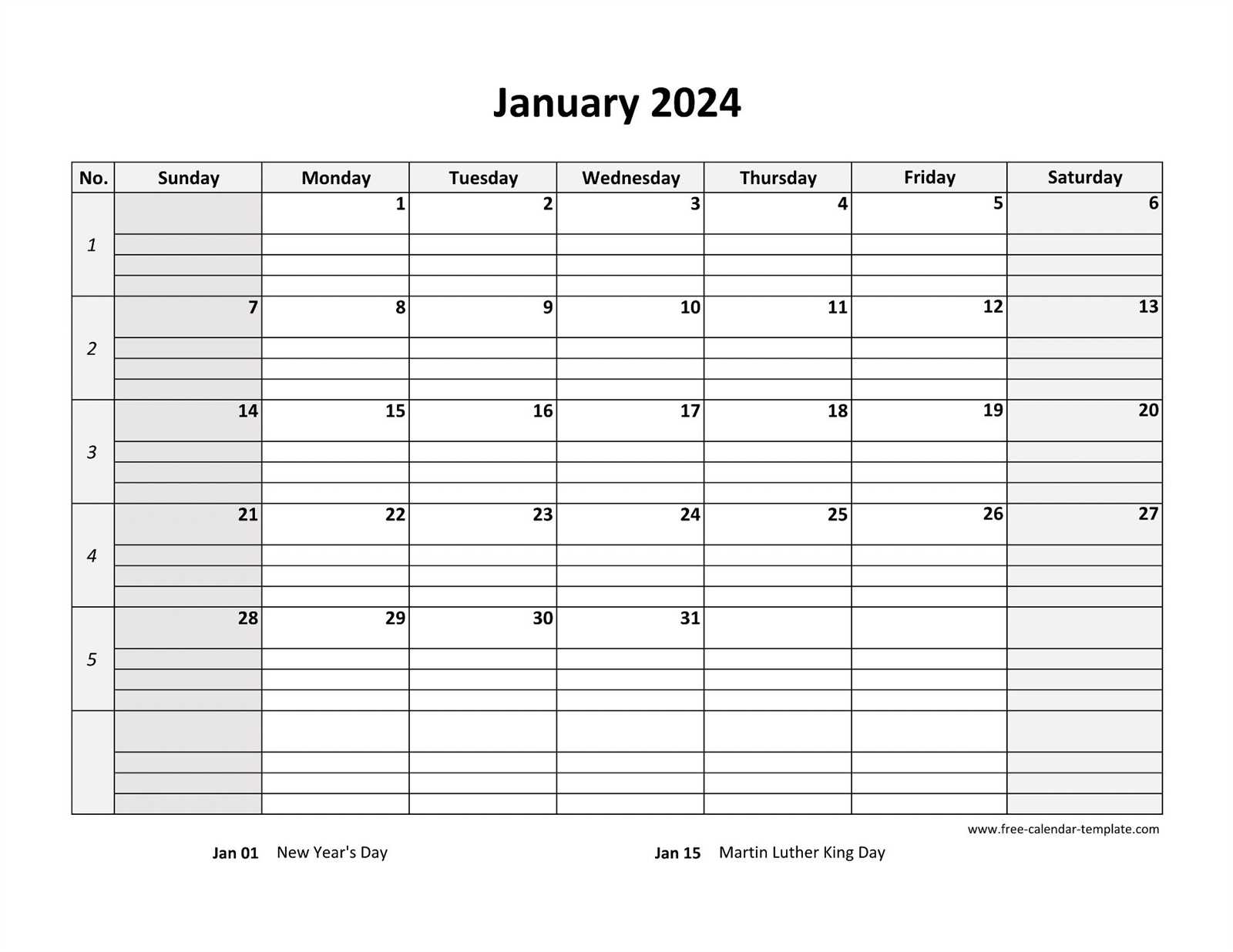 free january calendar template