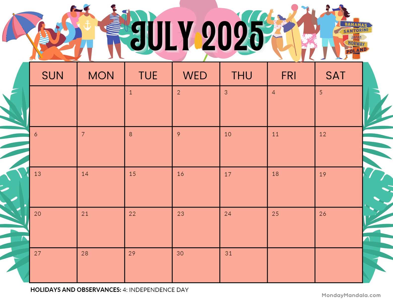 free july 2025 calendar template