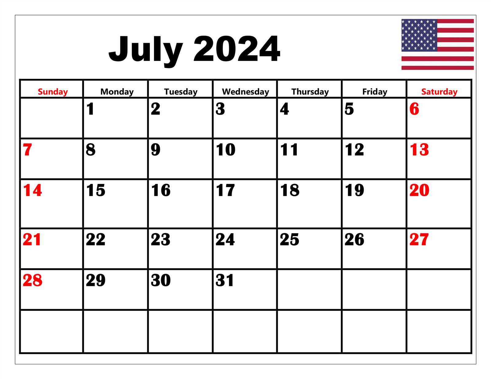 free july calendar template