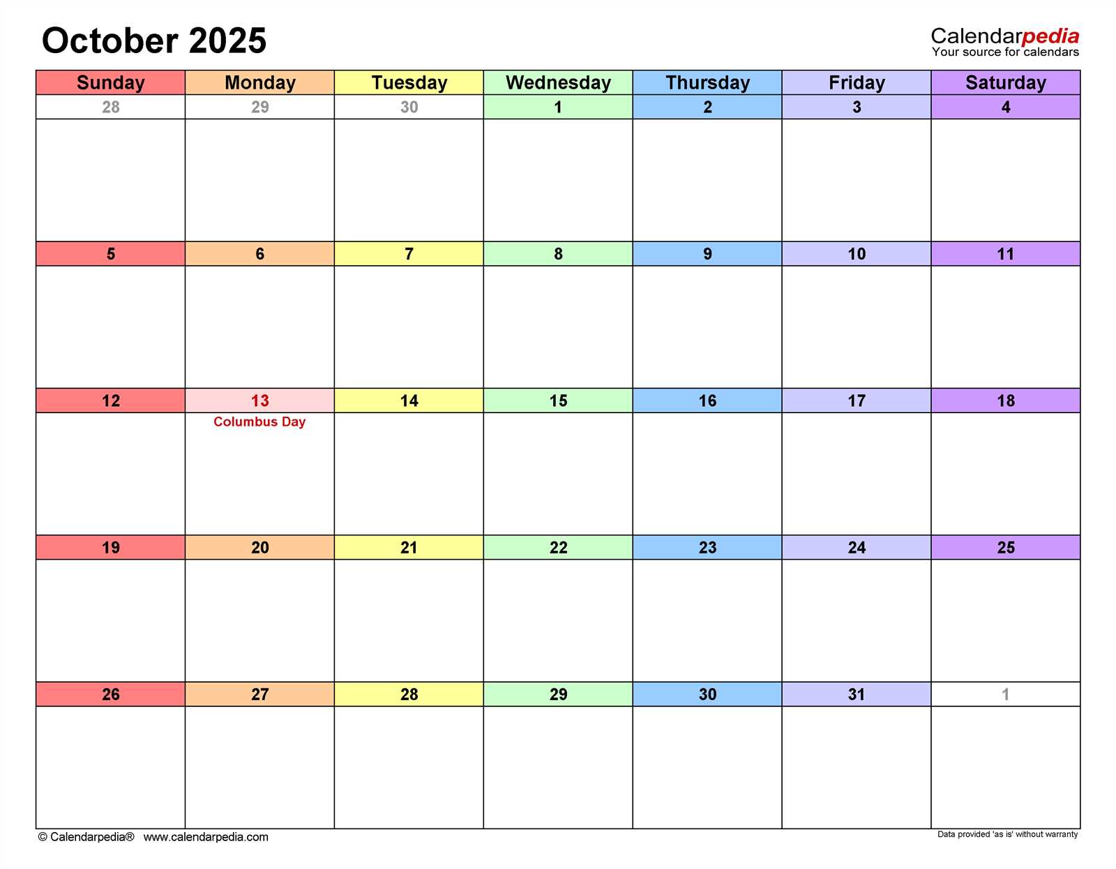 blank calendar template october 2025 printable