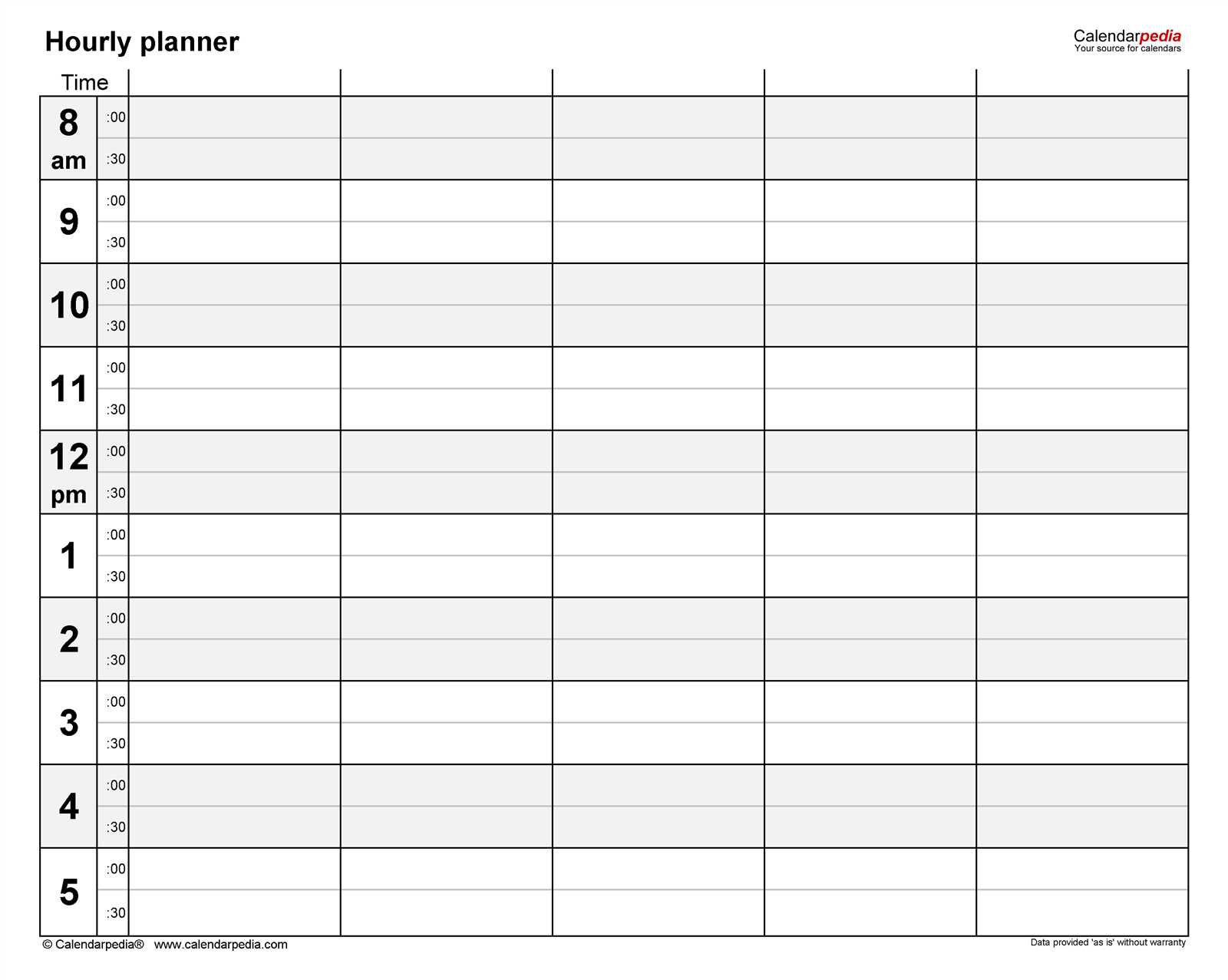 free printable hourly calendar template