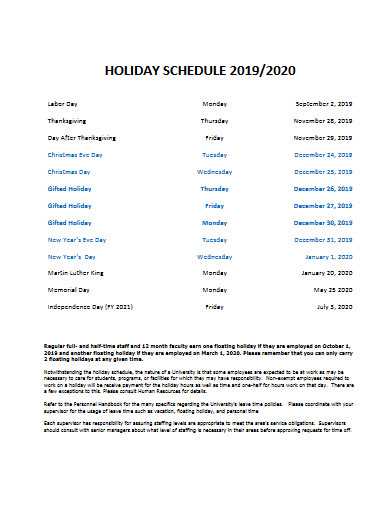 holiday hours calendar template