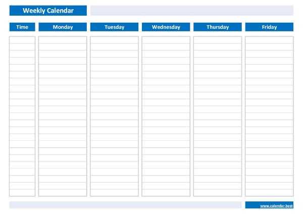 five day calendar template free