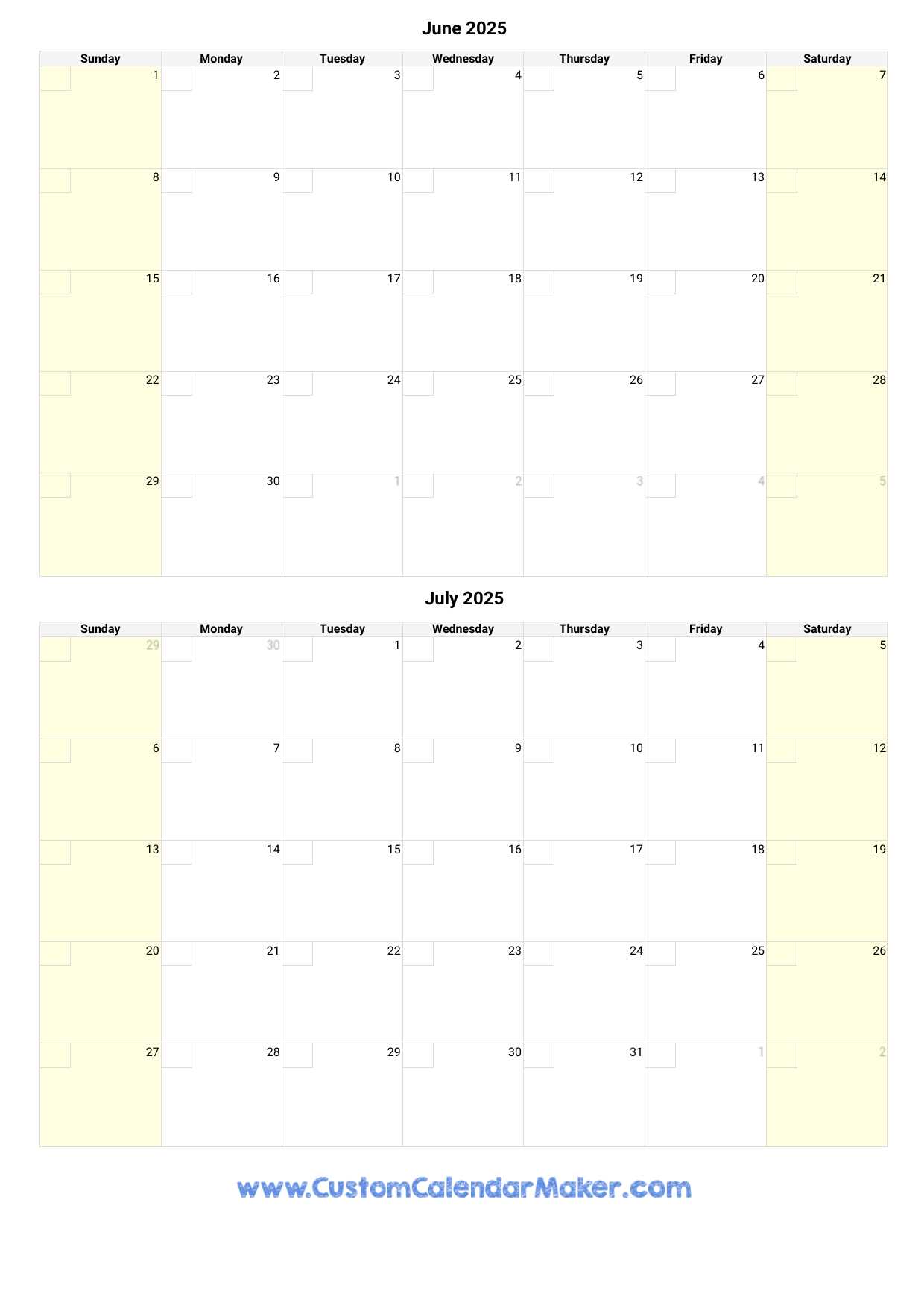 blank calendar template june and july 2025