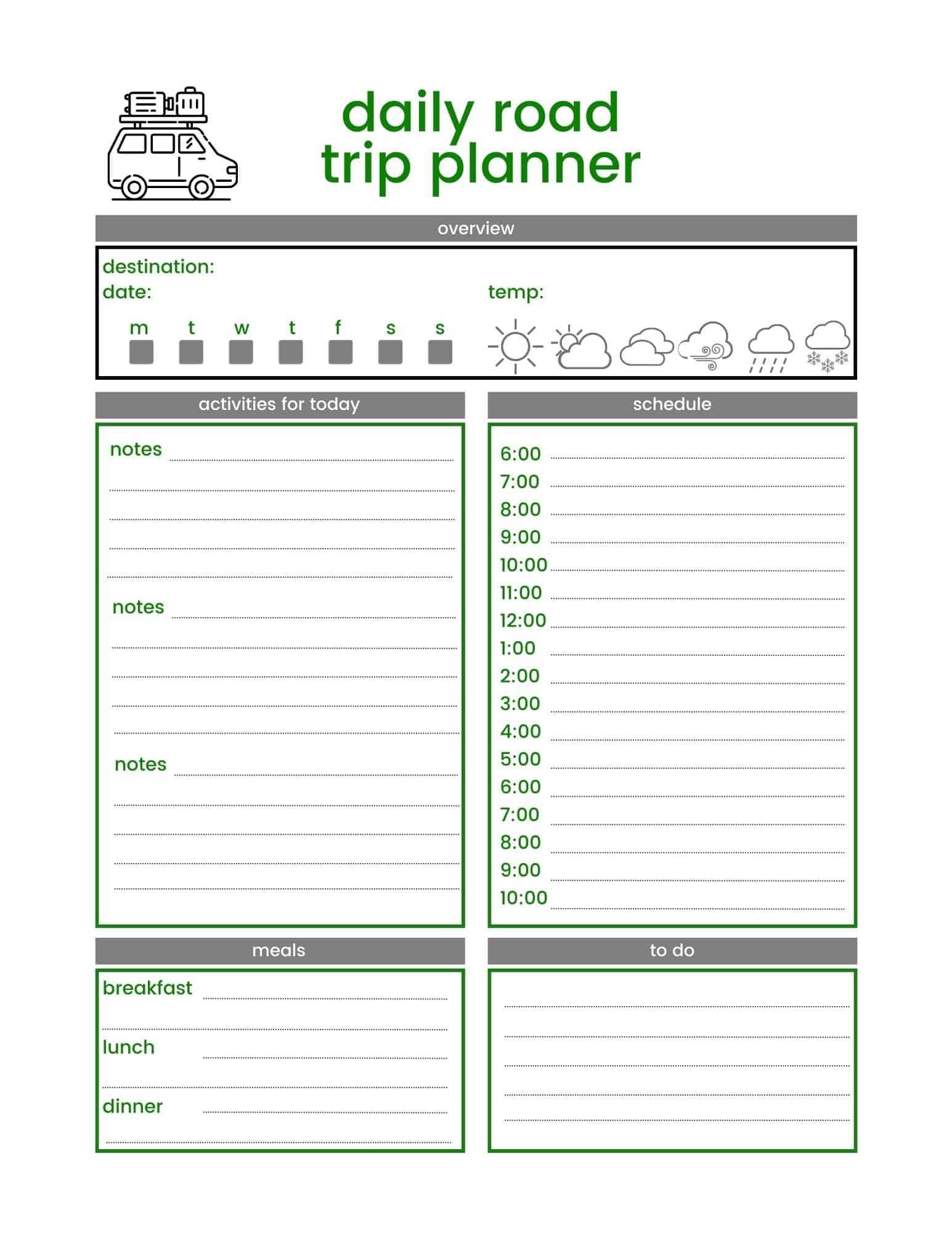 travel planner calendar template