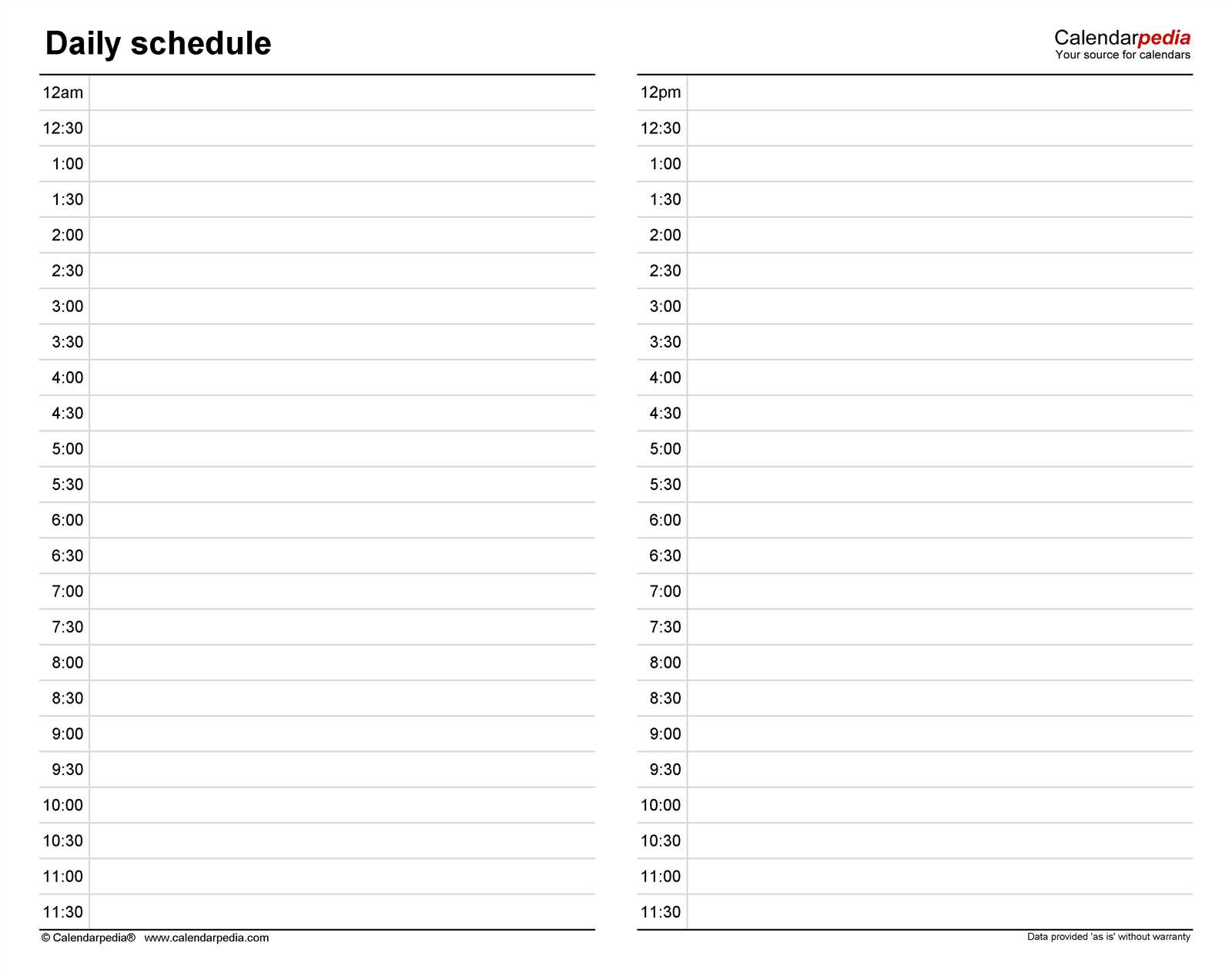 24 hour calendar template free