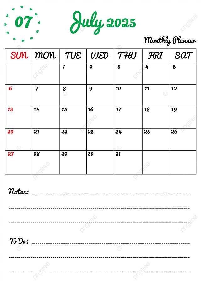 july month calendar template