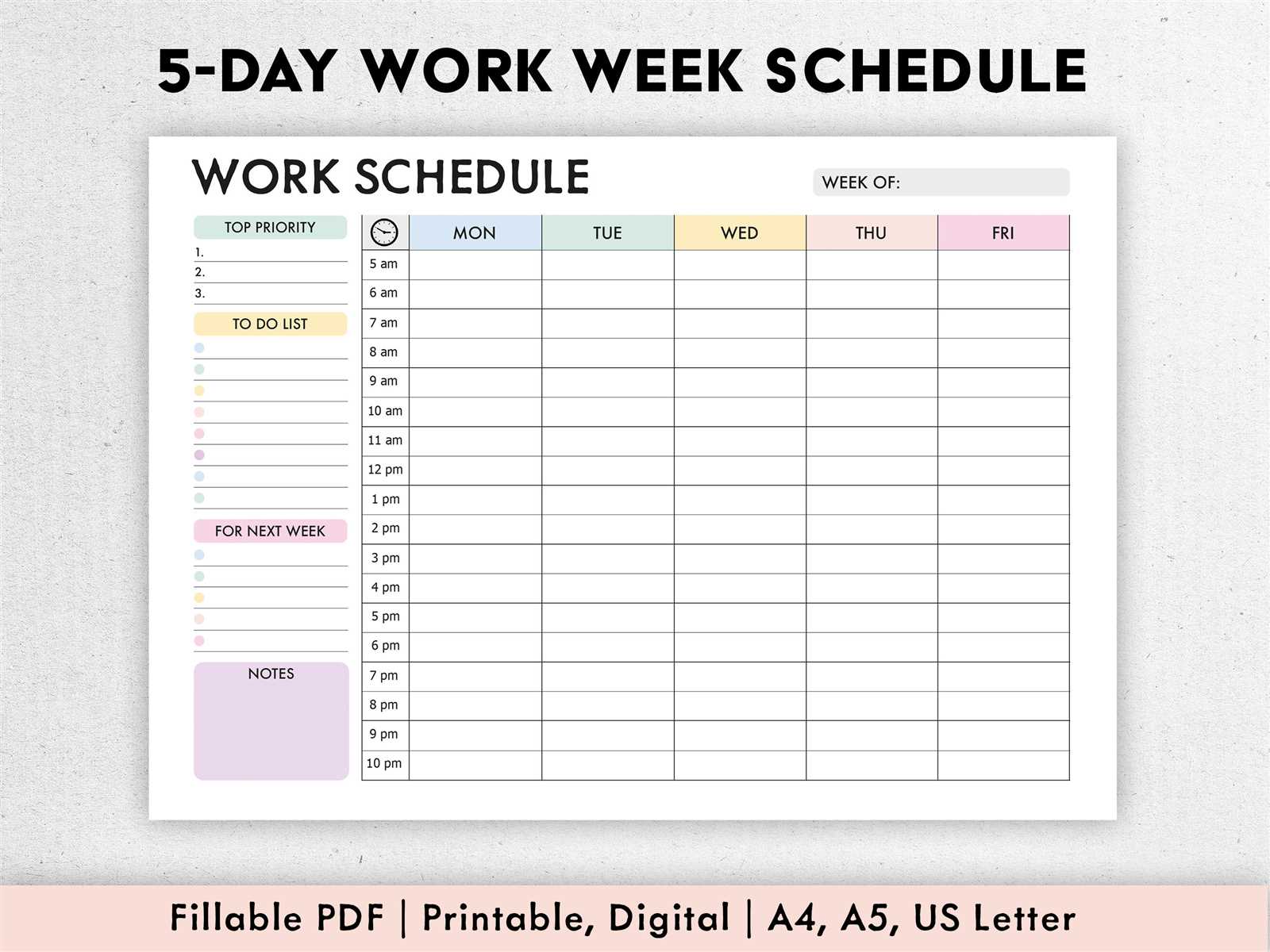 5 day weekly calendar template