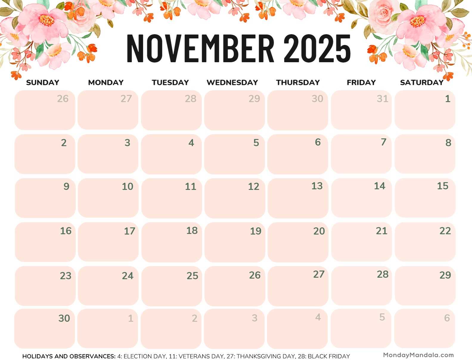 cute calendar template november 2025