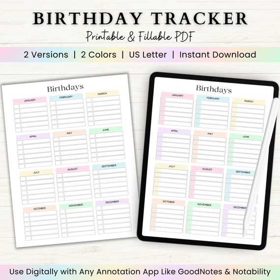 fillable birthday calendar template