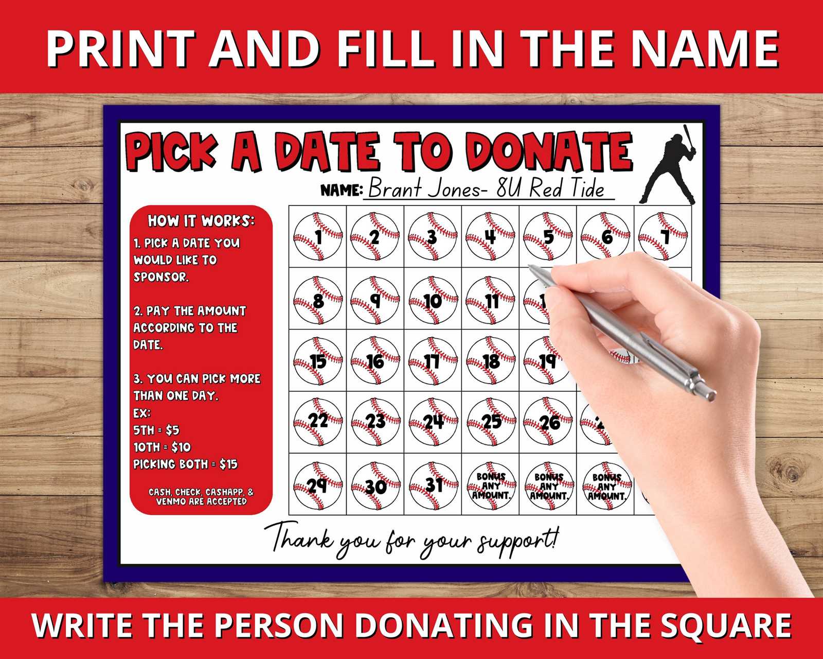 baseball fundraiser calendar template