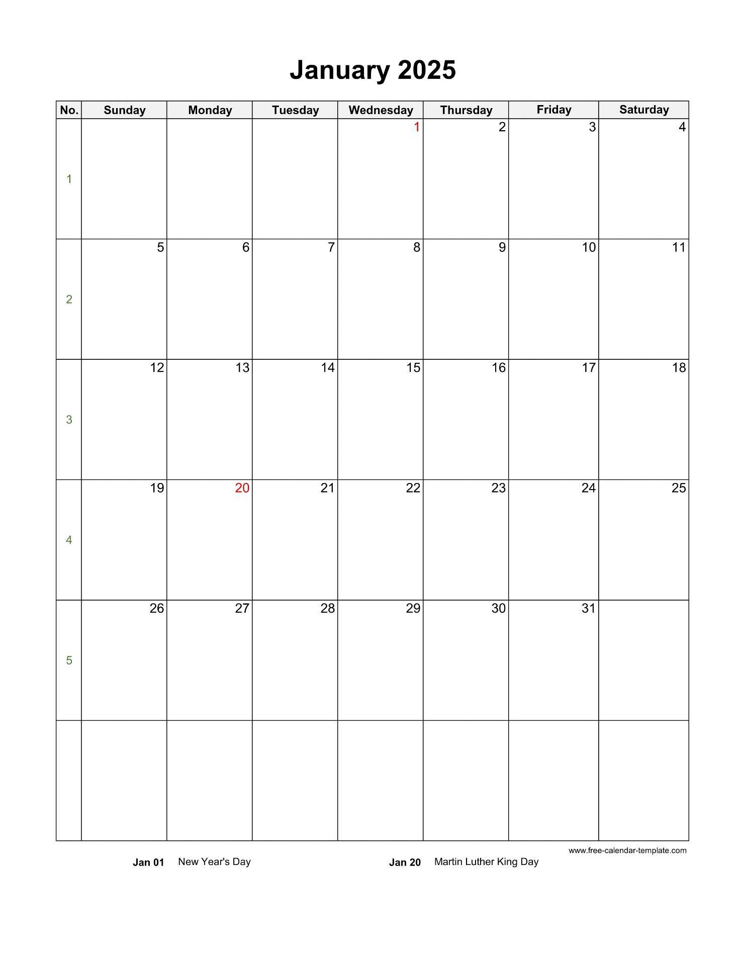 january blank calendar template 2025