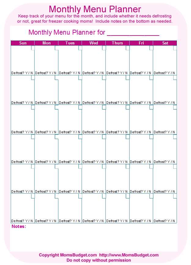 monthly menu planning calendar template