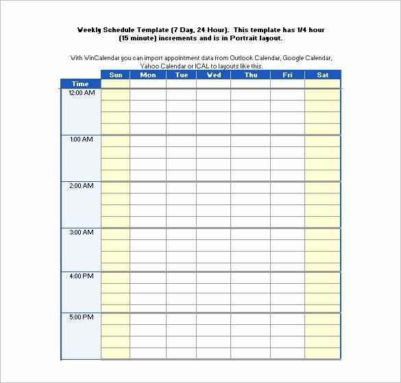 7 day 24 hour calendar template