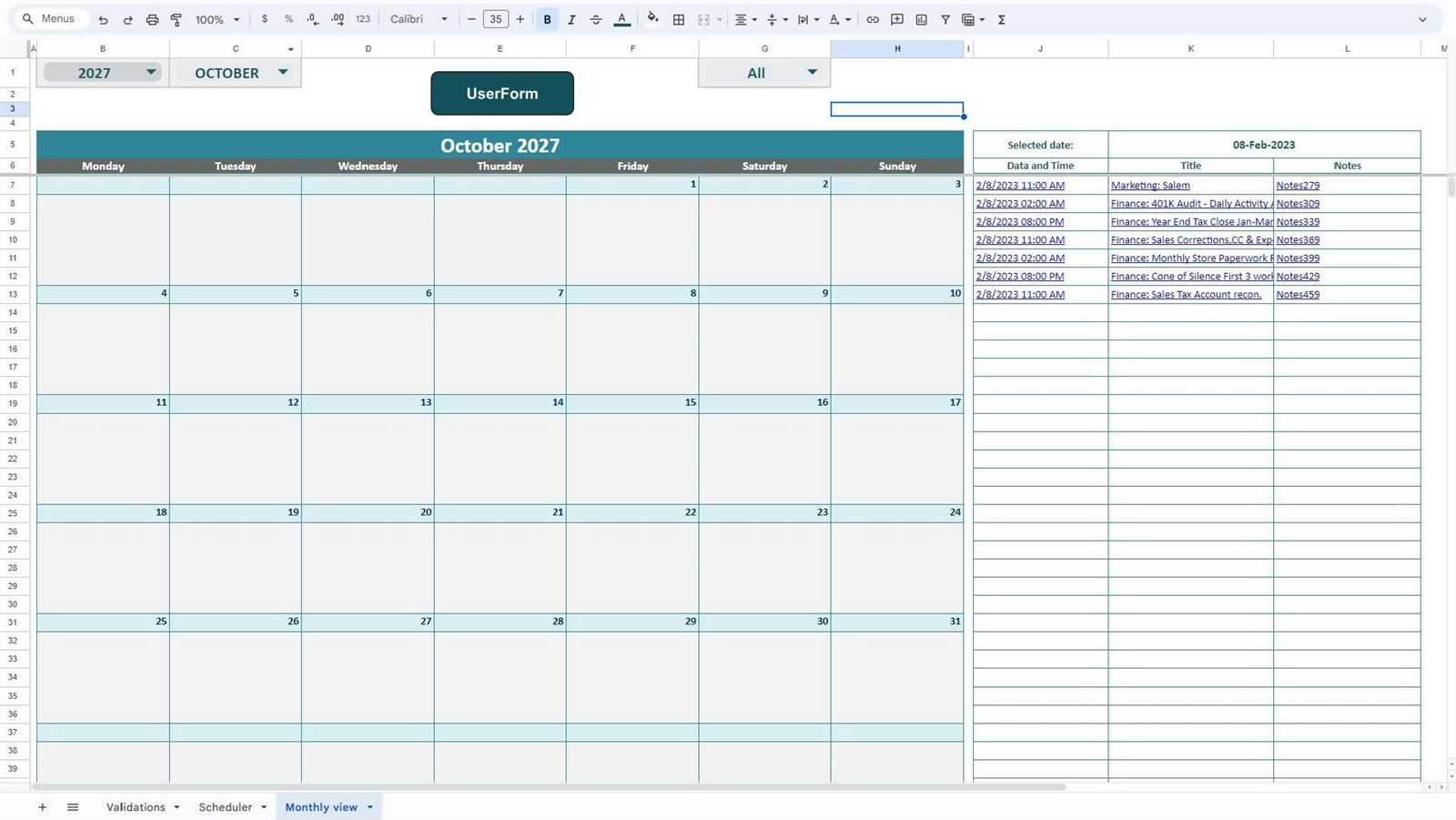 monthly calendar template sheets